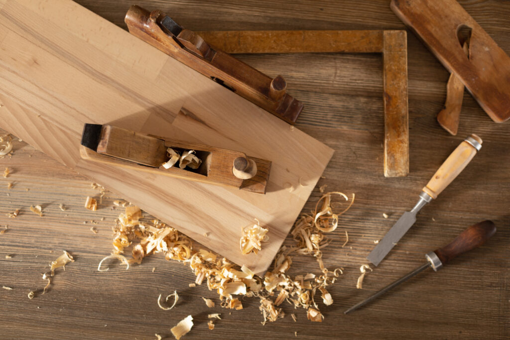 Woodworking tools on wooden table. Wood working or joiner tool